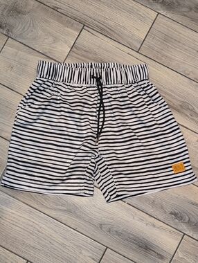 Bronte Men’s Black & White Striped Cabana Preppy Swim Shorts